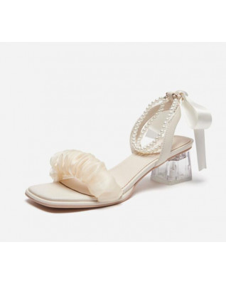 Ladies' beige all-match bowknot pearl high-heeled sandals