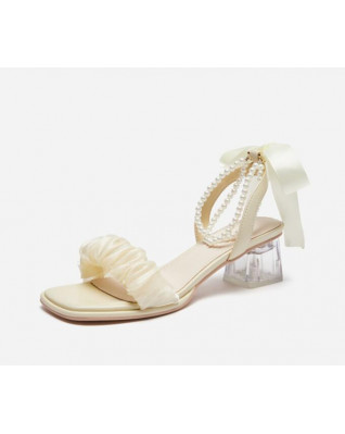 Women's yellow all-match bowknot pearl high-heeled sandals